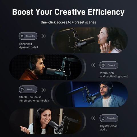 Pro Studio Dynamic USB XLR Podcast Microphone for Vocal Recording Content Creation and Voiceover with preset modes shown