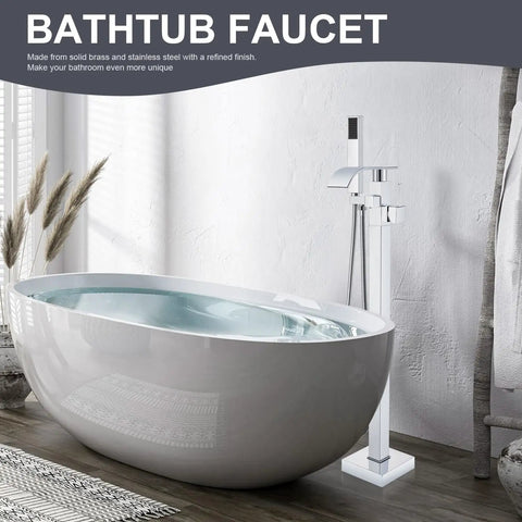 Freestanding Tub Filler With Handheld Shower Kit Floor Mounted Chrome Bath Faucet beside modern bathtub in a bright bathroom