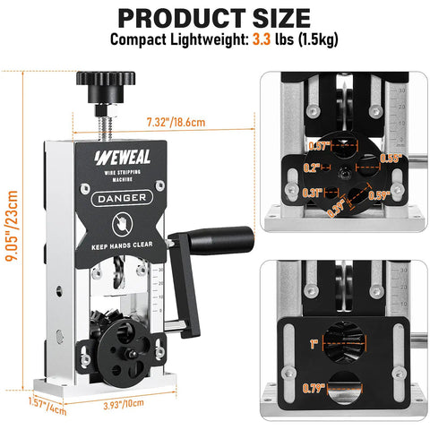 Rugged Wire Stripping Tool With Hand Crank Or Drill Power For Scrap Copper, Quick 0.06 To 1.18 Inch Cable Stripping