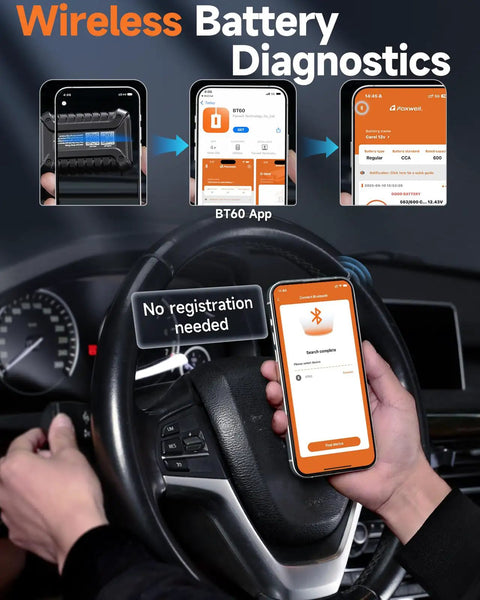 BT60 Bluetooth Battery Tester For 12V Vehicles 100 To 2000 CCA Load Tester With Wireless App Control IOS Pro Grade Smart Diagnostic Tool For Quick Daily Battery Checks, handheld in car
