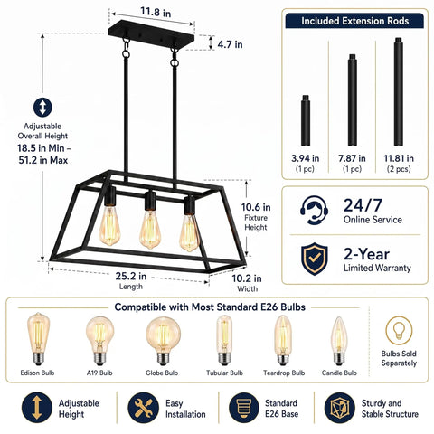 Diagram showing Matte Black Kitchen Island Lighting Fixture With Three Lights Farmhouse Style Pendant Chandelier dimensions and features