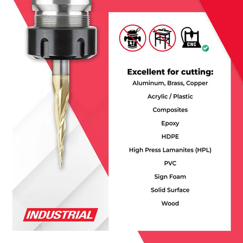 Up Cut Spiral CNC Router Bits For 2D 3D Carving ZrN Coated 46280 S Ball Tip 6.2 Degree Tapered Angle