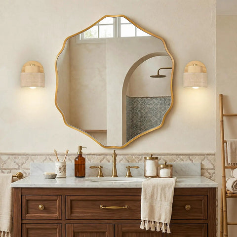 IPEDWO Yellow Travertine Wall Sconce with Natural Wood,4.7" Single Sconce mounted beside a mirror in a stylish bathroom.