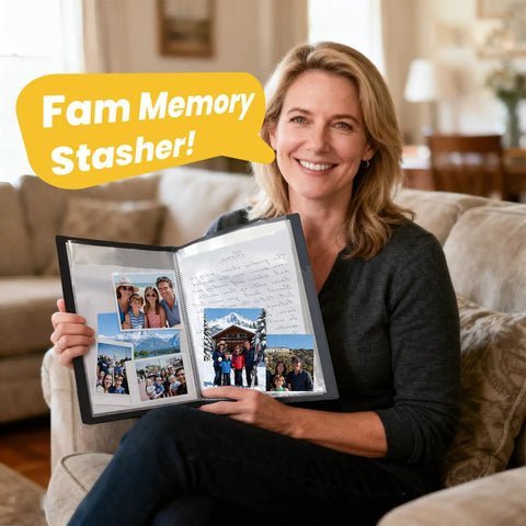 30 Pocket Portfolio Binder With 60 Pages And 8.5x11 Size, woman displaying portfolio with photos on a sofa