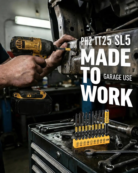 Ten Piece Pro Grade All In One Impact Screwdriver Bit Set with Magnetic Extension Holder used in garage work on metal.