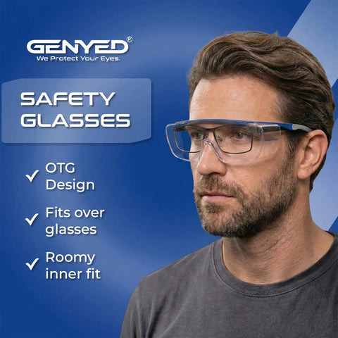 Chill Safety Glasses That Slide Smooth Over Prescription Frames Ansi Certified Anti Fog Scratch Proof Lenses worn by a man, fit over daily glasses.