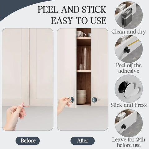 No Drill Self Stick Cabinet Knobs Set Of 4 In Silver Stainless Steel For Dresser Drawers Medicine Cabinets Cupboards Glass Doors And Terrarium Lids Easy Install No Tools Needed Money Saving Time Saving, peel-and-stick cabinet knob steps