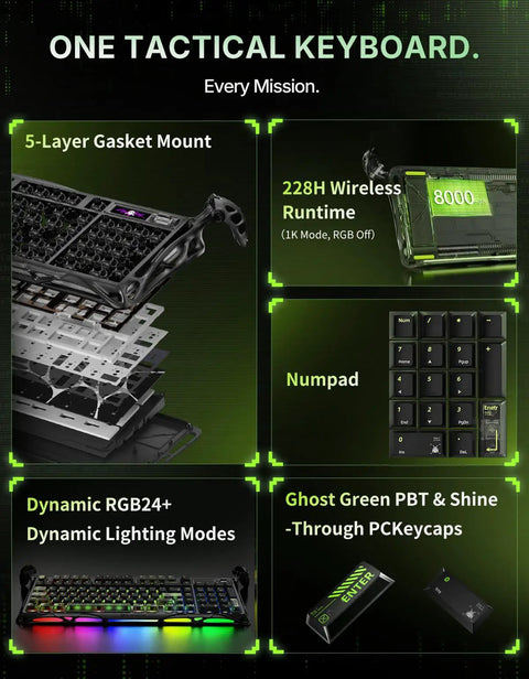 Slick 98 Key Wireless Mechanical Gaming Keyboard With Tri Mode Connectivity Bluetooth 5.4 And USB C Wired Hookups Featuring 8K Polling Rate highlighted features like gasket mount, RGB lights, and numpad.