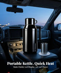 Portable Stainless Steel 12V 24V Car Kettle With Heat Preservation Dual Wattage Settings For Keeping Your Brew Piping Hot On Backroads in vehicle with LED display.