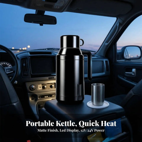 Portable Stainless Steel 12V 24V Car Kettle With Heat Preservation Dual Wattage Settings For Keeping Your Brew Piping Hot On Backroads in vehicle with LED display.