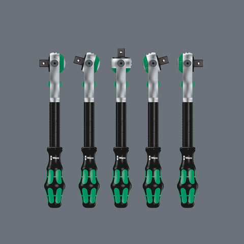28 Piece 1/4 Inch SAE Ratchet Set with Wera Zyklop Speed for Imperial Drive, showing five quick release ratchets in a row
