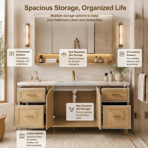 62 Inch Freestanding Bathroom Vanity With Single Sink And Solid Wood Cabinet Boasting Generous Storage Drawers Paired With A Clean LED Backlit Defog Mirror.