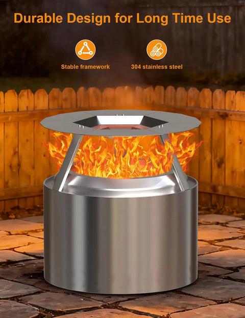 Heat Deflector For 19.5 Inch Bonfire Fire Pit With Handle 304 Stainless Steel Detachable Camping Essential Fits Bonfire 1.0 And 2.0 Smokeless Pits Redirects Heat For Cozy Outdoor Nights showcasing stainless steel and fire.