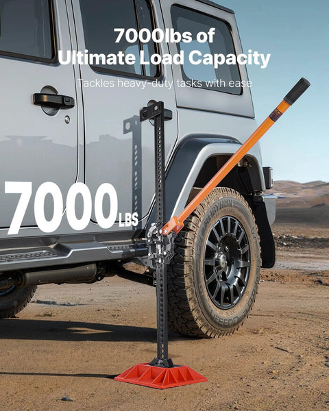 VEVOR 48-inch high-lift farm jack with base, black steel frame and orange handle beside an SUV