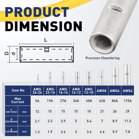 Non Insulated Butt Connectors Kit, 100 Pcs Tinned Copper Uninsulated Wire Connectors For Automotive And Marine, AWG 14 To 12 dimensions chart
