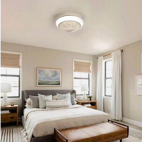 15 Inch Enclosed Bladeless Ceiling Fan with RGB Dimmable LED Light, 6 Speed Reversible Quiet Flush Mount Fan with Remote Control in modern bedroom.