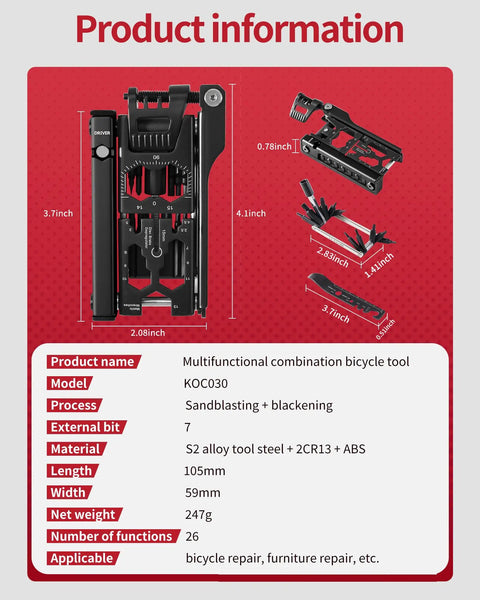 38 In 1 Bike Repair Kit With Chain Levers Hex Spoke Wrench Crank Puller And Splitter Tool dimensions and specifications
