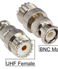 Close-up of BNC to UHF Adapter Kit showing UHF Female and BNC Male connectors with 50 Ohm RF Coax Connectors With Teflon Insulation