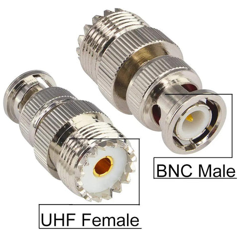 Close-up of BNC to UHF Adapter Kit showing UHF Female and BNC Male connectors with 50 Ohm RF Coax Connectors With Teflon Insulation