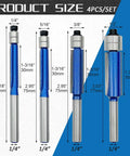 Killer 4Piece Flush Trim Router Bits Set Featuring Rock Solid Carbide Cutters And Dual Ball Bearing Guides That Craft Smoother Than Butter Edges And Flawless Flush Cuts Daily, showing size specifications and details.