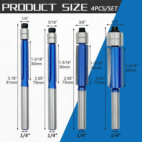 Killer 4Piece Flush Trim Router Bits Set Featuring Rock Solid Carbide Cutters And Dual Ball Bearing Guides That Craft Smoother Than Butter Edges And Flawless Flush Cuts Daily, showing size specifications and details.