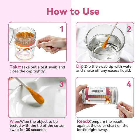 AssuTest lead test kit with 60 lead test swabs in a jar; front view showing a four-step usage infographic.