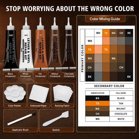 Top Shelf Brown Leather Repair Kit For Couches Car Seats And Furniture Featuring No Sweat Diy Instructions with color mixing guide and tools.