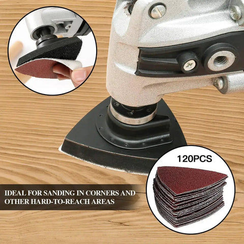 246 Piece Oscillating Tool Sanding Pad Kit with 3 Multitool Pads and 3 Finger Pads includes 120 Sandpapers, shown installed on a tool.