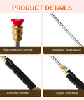 Four parts of a 3 In 1 Power Washer Wand With Jet Nozzle For Garden Hose High Pressure Spray For Car Washing Patio And Outdoor Cleaning Quick Connect With Three Nozzle Tips shown, including high-pressure nozzle, stainless steel wand, anti-slip handle, and copper interface.