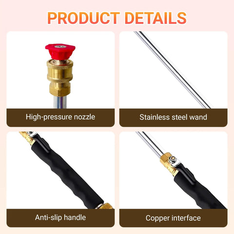 Four parts of a 3 In 1 Power Washer Wand With Jet Nozzle For Garden Hose High Pressure Spray For Car Washing Patio And Outdoor Cleaning Quick Connect With Three Nozzle Tips shown, including high-pressure nozzle, stainless steel wand, anti-slip handle, and copper interface.