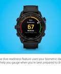 Front view of Descent Mk3i 51mm Dive Computer And Multisport GPS Smartwatch With Air Integration Sapphire Lens displaying dive readiness.