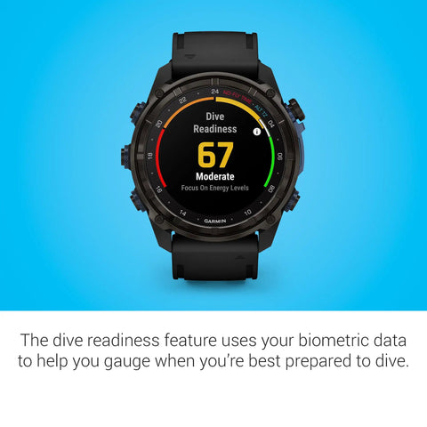 Front view of Descent Mk3i 51mm Dive Computer And Multisport GPS Smartwatch With Air Integration Sapphire Lens displaying dive readiness.