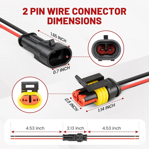 2 Pin Waterproof 16 AWG Automotive Wire Heavy Duty Connector Kit with Snap Lock Seal Dimensions Detail View