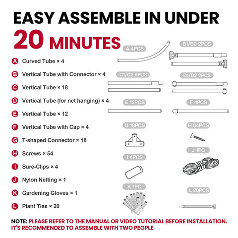 Instruction diagram for assembling 7 Foot Tall Garden Arch Trellis For Outdoor Climbing Plants with labeled parts and tools.