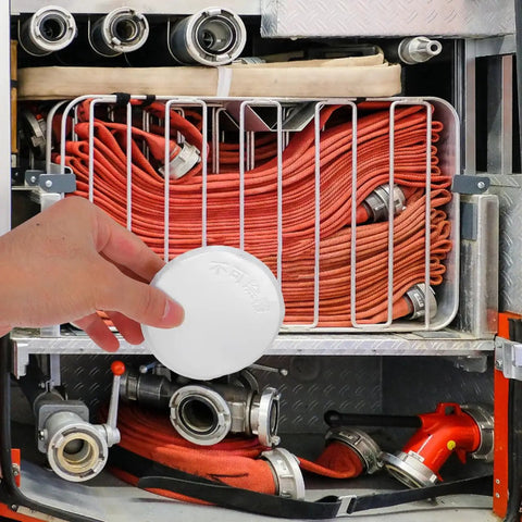 Sleek Iron Fire Sprinkler Nozzle Cover Plate With Tough Head Protector And Snug Ceiling Escutcheon covering fire hoses in storage.