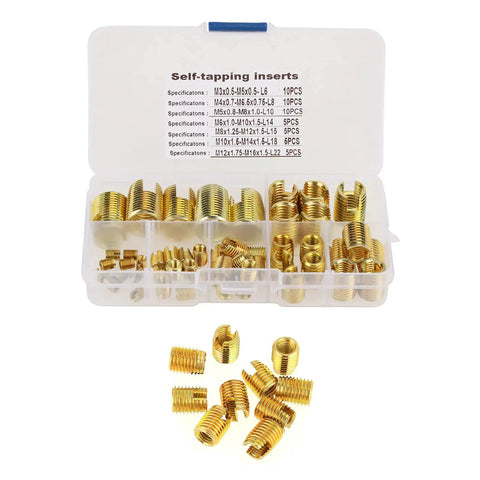Self Tapping Threaded Inserts Kit 50 Pieces Brass Slotted Thread Inserts For Metals And Plastics M3, M4, M5, M6, M8, M10, M12 Beefed Up Strength Anti Vibration Secure Fastening Repair Tool Set in case