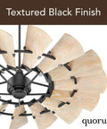Sixty Inch Damp Rated Ceiling Fan With A Badass Fifteen Blade Wagon Wheel Design Efficient DC Motor Weathered Oak Blades Textured Black Finish top view.
