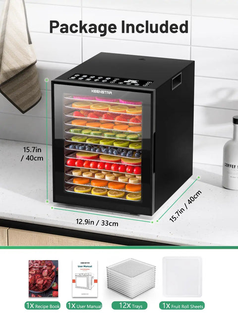 Food Dehydrator For Jerky And More With 12 Stainless Steel Trays displayed on countertop with accessories included.