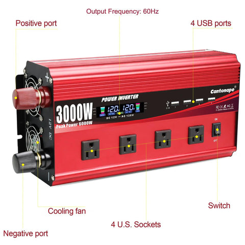 Beefy 3000W DC To AC Inverter With LCD Display And Remote Control 4 AC Outlets And 4 USB 3.1A Ports 12V To 110V 120V for car use