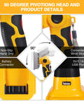 Close-up of 40W LED Work Light With 4200LM Output For Dewalt 20V Battery showing pivoting head, non-slip grip, and USB port.