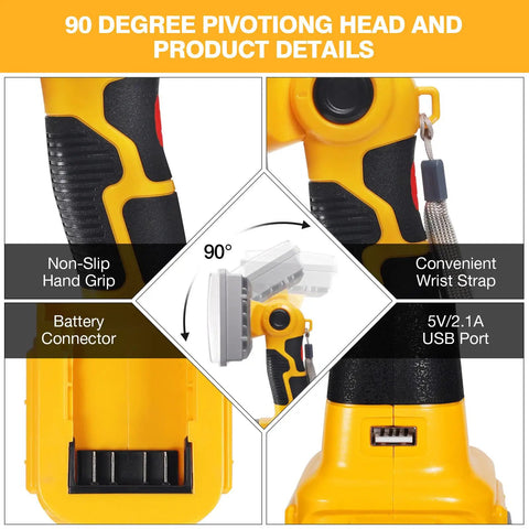 Close-up of 40W LED Work Light With 4200LM Output For Dewalt 20V Battery showing pivoting head, non-slip grip, and USB port.