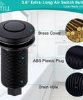 Sink Top Garbage Disposal Air Switch Kit Matte Black 3.6 Inch Push Button With Brass Cover details shown