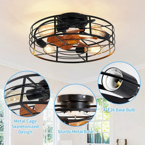 Caged Ceiling Fan With Light 20 Inch Low Profile Flush Mount Industrial Vibe showing cage, metal base, and bulb detail.