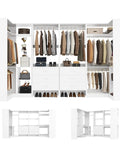 Top Notch White Closet Storage System Featuring Six Sturdy Wood Drawers Six Hanging Rods Corner Tower Shelf And Open Bottom Shoe Bin, organized clothes and shoes.
