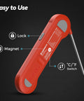 Back view of Ultra Fast 0.5 Second Digital Meat Thermometer with ±0.5 F Precision showing lock, magnet, and C/F switch features.