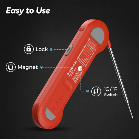 Back view of Ultra Fast 0.5 Second Digital Meat Thermometer with ±0.5 F Precision showing lock, magnet, and C/F switch features.