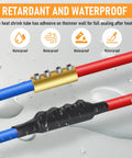 Five Piece Four Hole 6 AWG 80A Brass Wire Splice Connectors Kit showing waterproof splice with heat shrink on wires