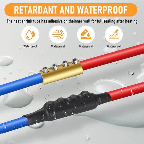 Five Piece Four Hole 6 AWG 80A Brass Wire Splice Connectors Kit showing waterproof splice with heat shrink on wires