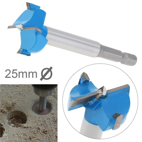 Pro Grade 25mm Alloy Steel Drill Bit Set With Woodworking Hole Saw Kit, close up of 25mm drill bit for timber cutting.