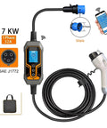 Road Ready Portable EV Charger With Type 1 J1772 Adapter Plug And Play Design Thirty Two Amps Seven Kilowatts with display and cable.